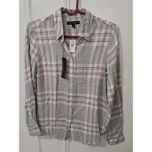 Banana Republic Womens Small DILLON Flannel Shirt Gray Pink Plaid EVERYDAY SOFT